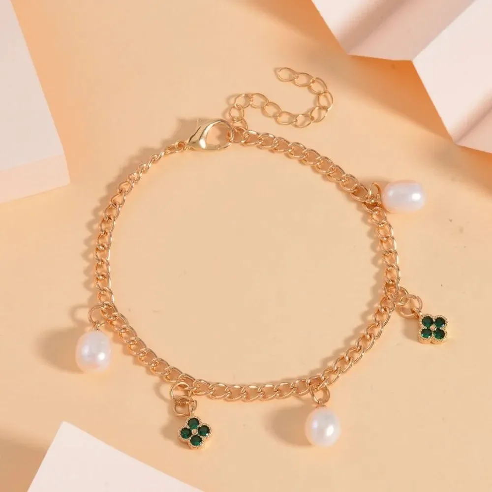 White Freshwater Pearl & Green Austrian Crystal Clover Bracelet nwt